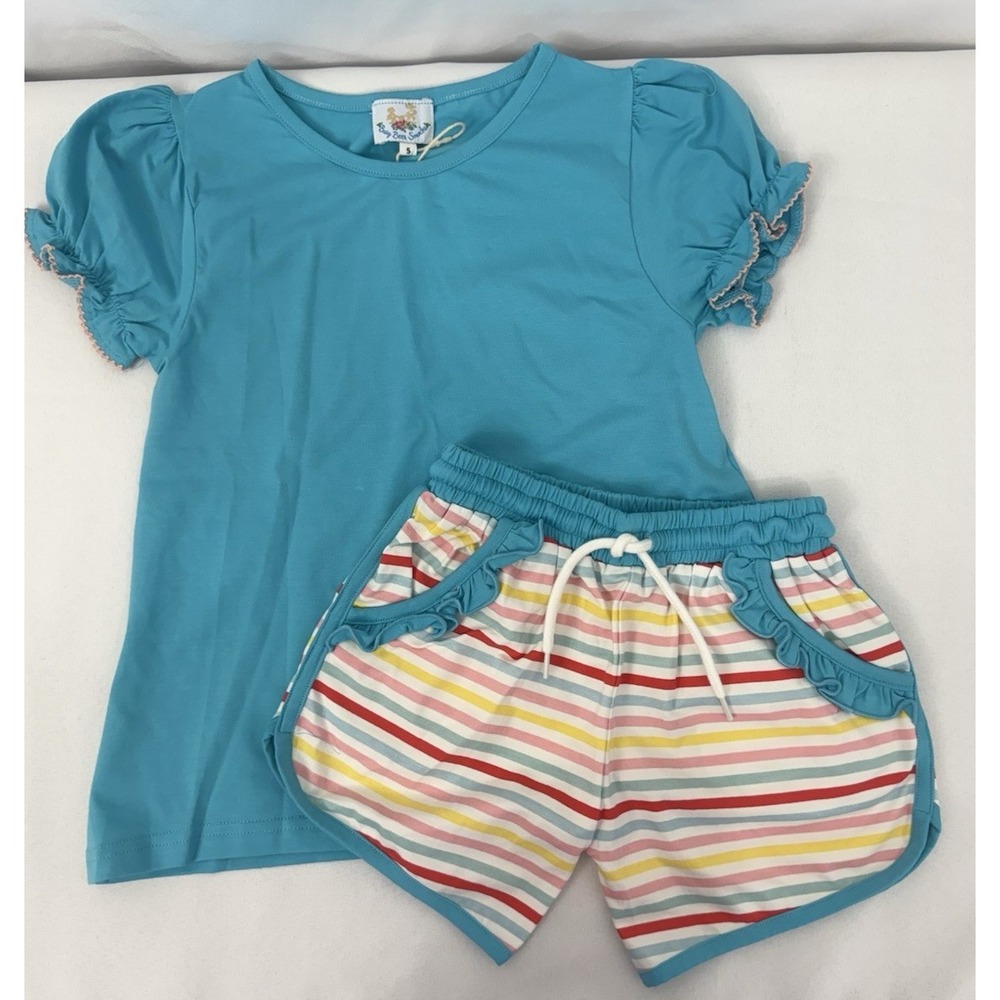 NWT Busy Bees Smocks Aqua Blue Striped Short Set Girls Size 5